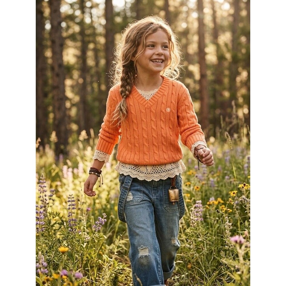 Duck Head Cable Knit V-Neck Sweater Kids Small Orange 100% Cotton Embroidered